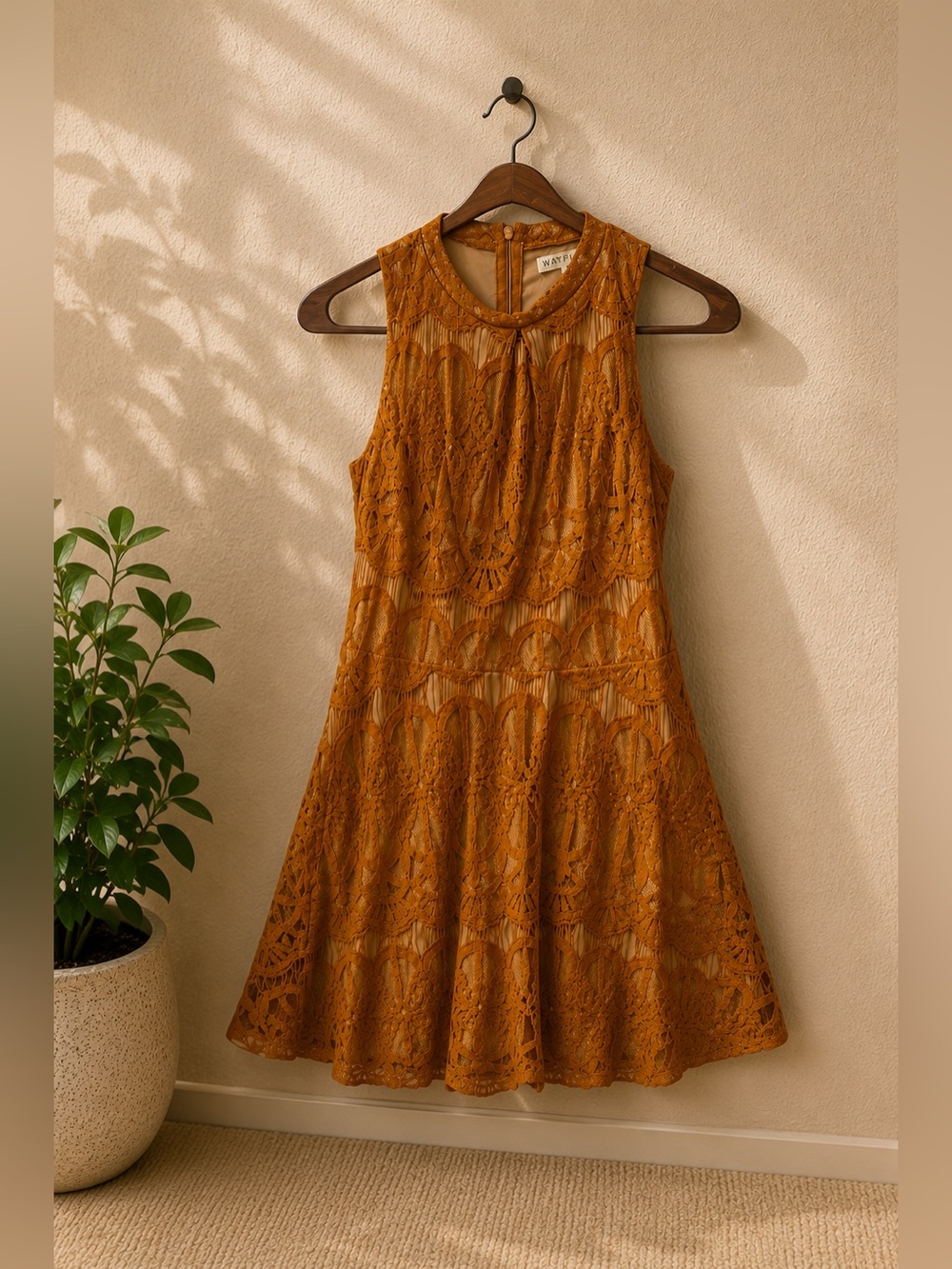 Love Fire, Midi Crochet Lace Babydoll Gold Sleeveless, Fit Flare Style, Size S